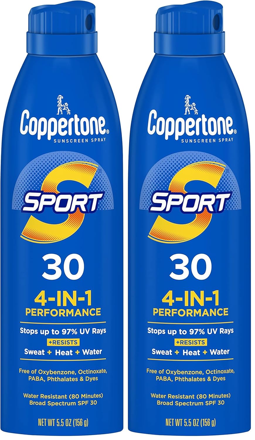 Coppertone SPORT Sunscreen Spray SPF 30, Water Resistant Sunscreen, Broad Spectrum Spray Sunscreen SPF 30, 5.5 Oz Spray (Pack of 2)