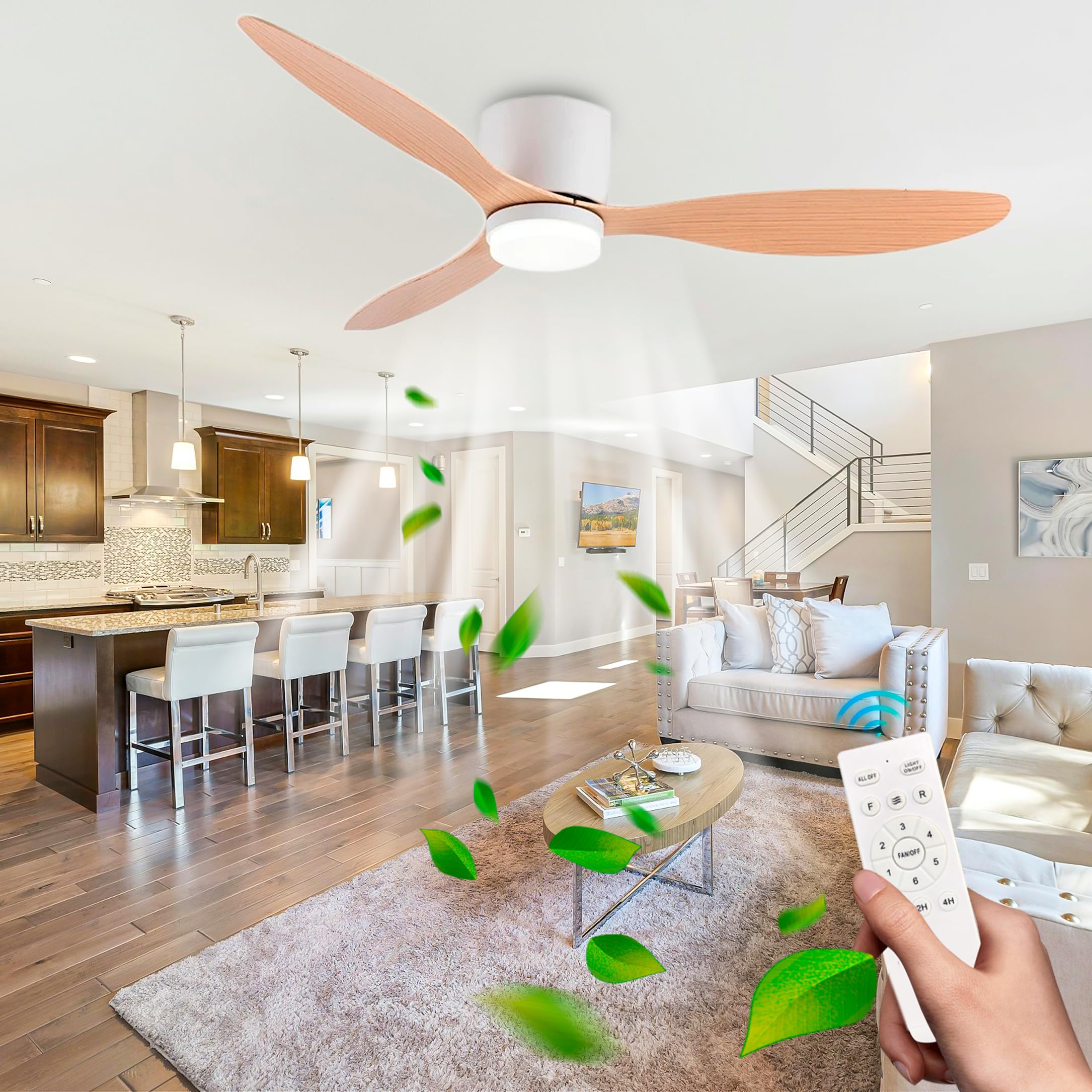 SXDMOUBK 132CM Ceiling Fan with Integrated Light 3 Blades 6 Speeds Timer Silent DC Motor Reversible Color Options Perfect for Home and Office Decor