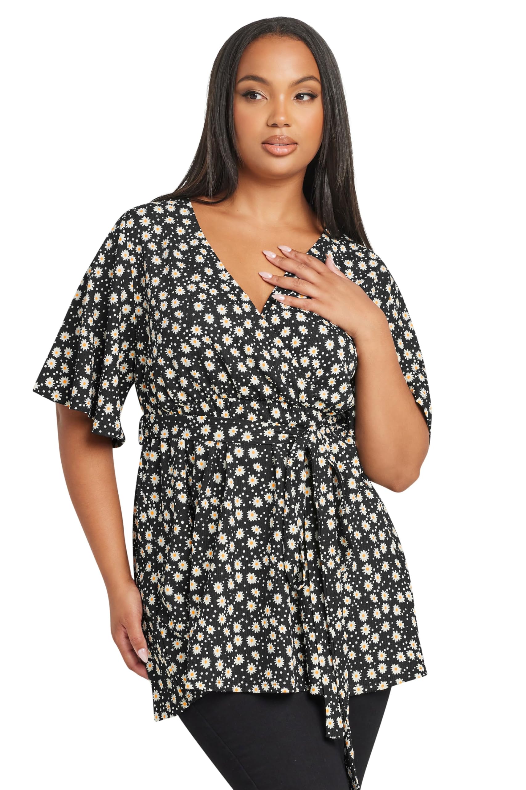 Yours Women's Textured Floral Print Wrap Top in Black | Size: 30-32