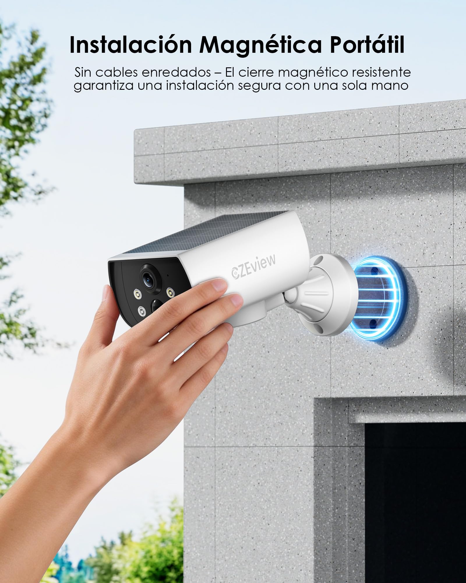 CZEview 3K 5MP Cámara Vigilancia WiFi Exterior Solar con Batería | Magnética sin Taladrar, Visión Nocturna Color, 300° Giro, Detección de Personas con Alarma, Audio Bidireccional, IP65