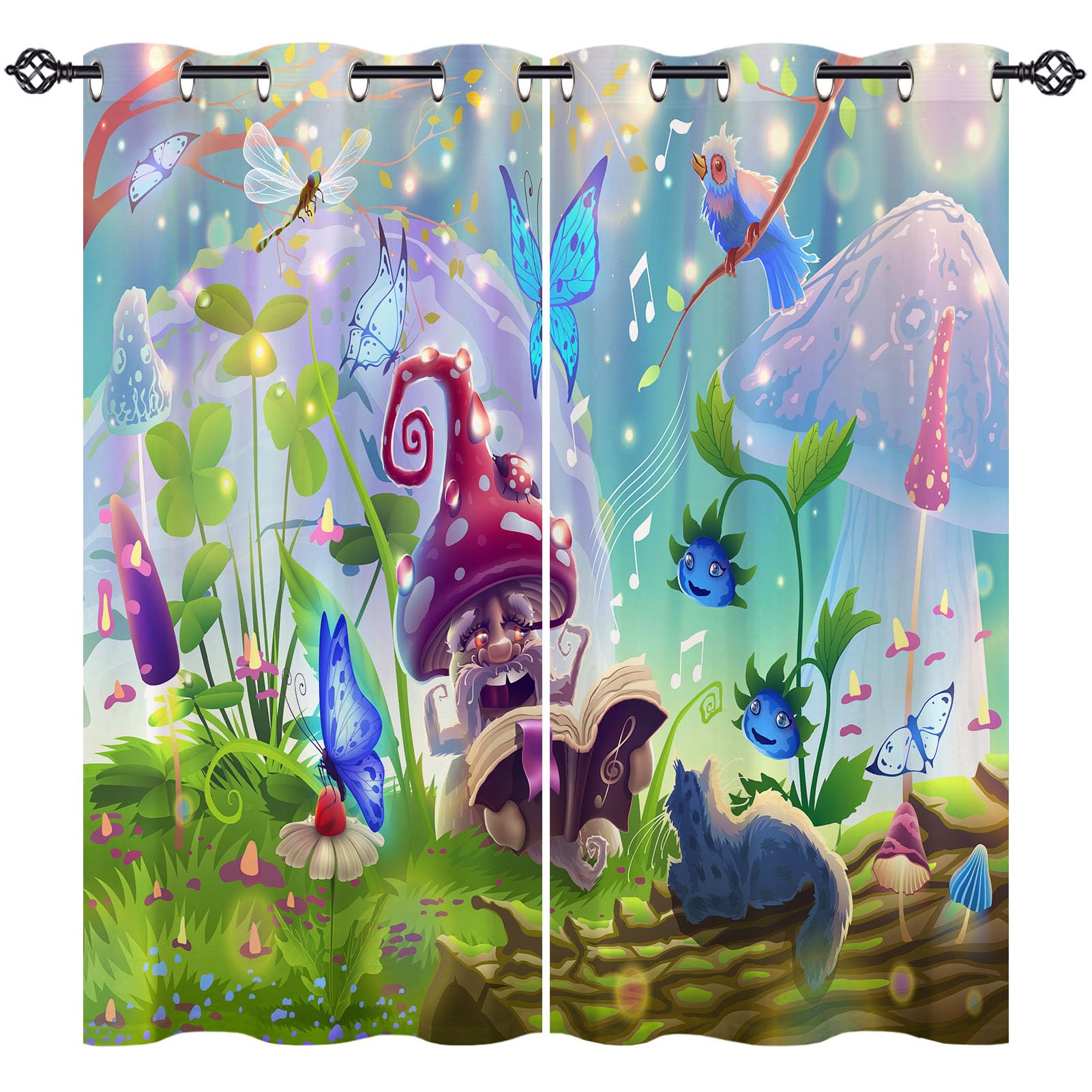 ANHOPE Custom Size Curtains Eyelet or Rod Pocket Customized Thermal Insulated Blackout Curtains Magic Forest Mushroom Butterfly Print Pattern Personalized Drapes for Bedroom Living Room 2 Panels