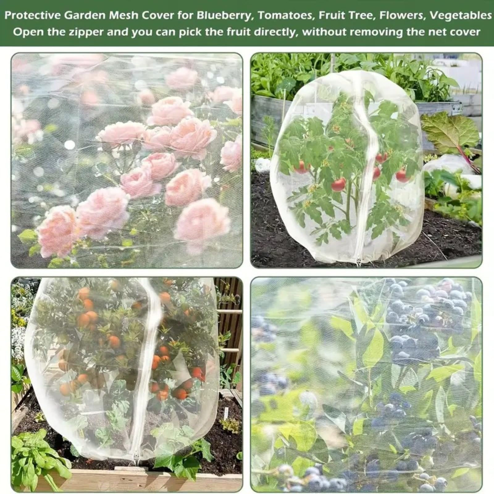 Red de protección para árboles frutales, malla antipájaros con cierre de cremallera y cordón para proteger árboles frutales, arbustos y flores de plagas y pájaros.