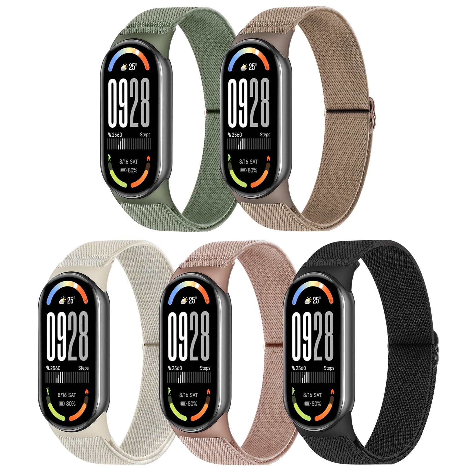 Wizvv Pack of 5 Xiaomi Mi Band 10/9/8 Wristbands, Adjustable Stretchy Nylon Wristbands, Sports Replacement Strap for Xiaomi Smart Band 10/9/8, 150-240 mm, Nylon
