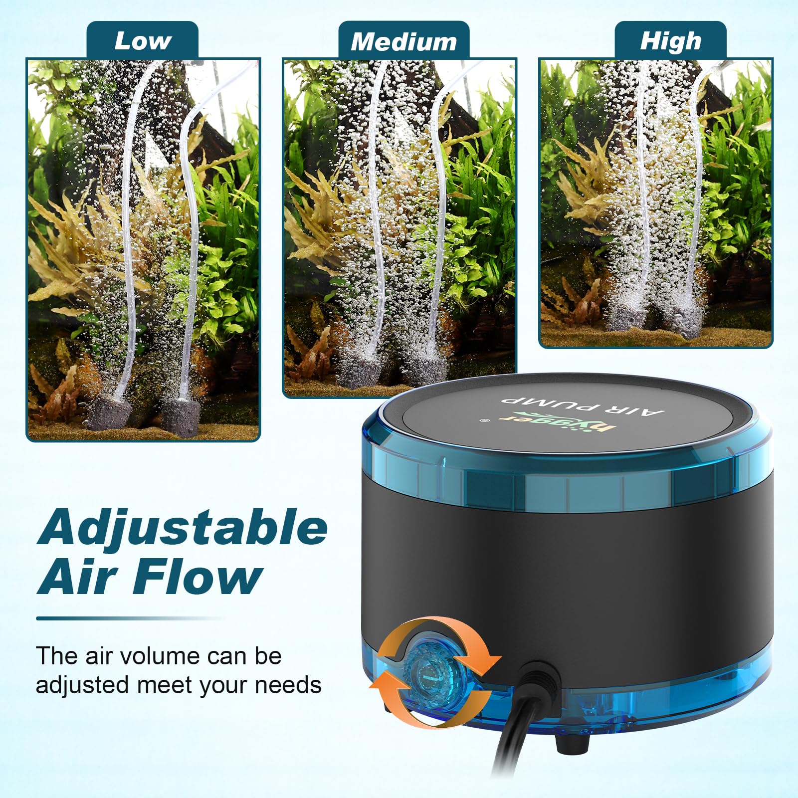 hygger Bomba Aire Acuario, 4W/8W Dual Outlet Powerful Fish Tank Oxygen Air Pump, Regulable Ossigenatore per Acquario Up to 450L/750L Aquariums