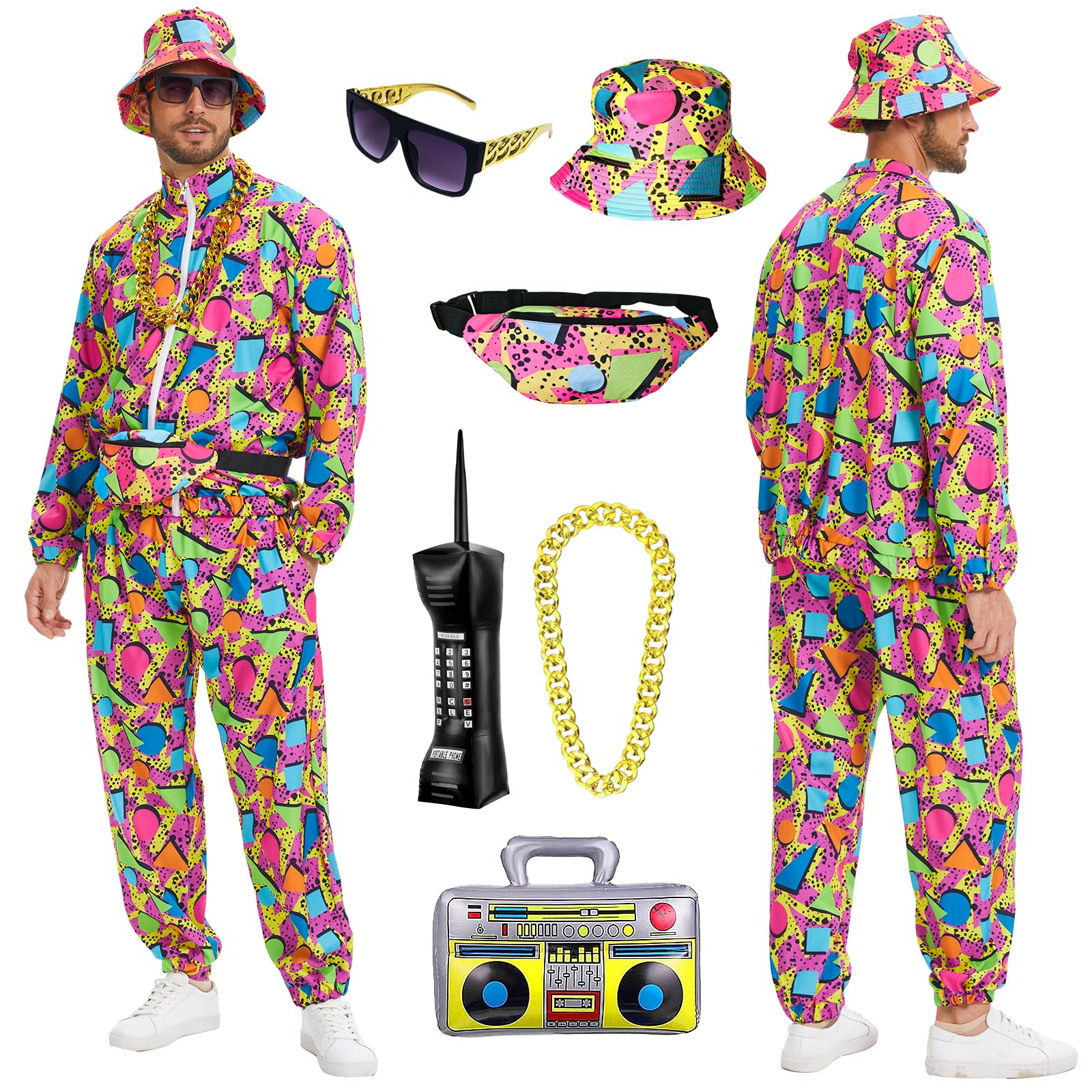 Vintage 80s 90s Outfit for Men, 8pcs 80s Fancy Dress Men, Hip Hop Tracksuit  Costume with Glasses And Hat for Disco, Party, Music Festivals, Masquerade,  Carnival (Red, 3XL) - BigaMart