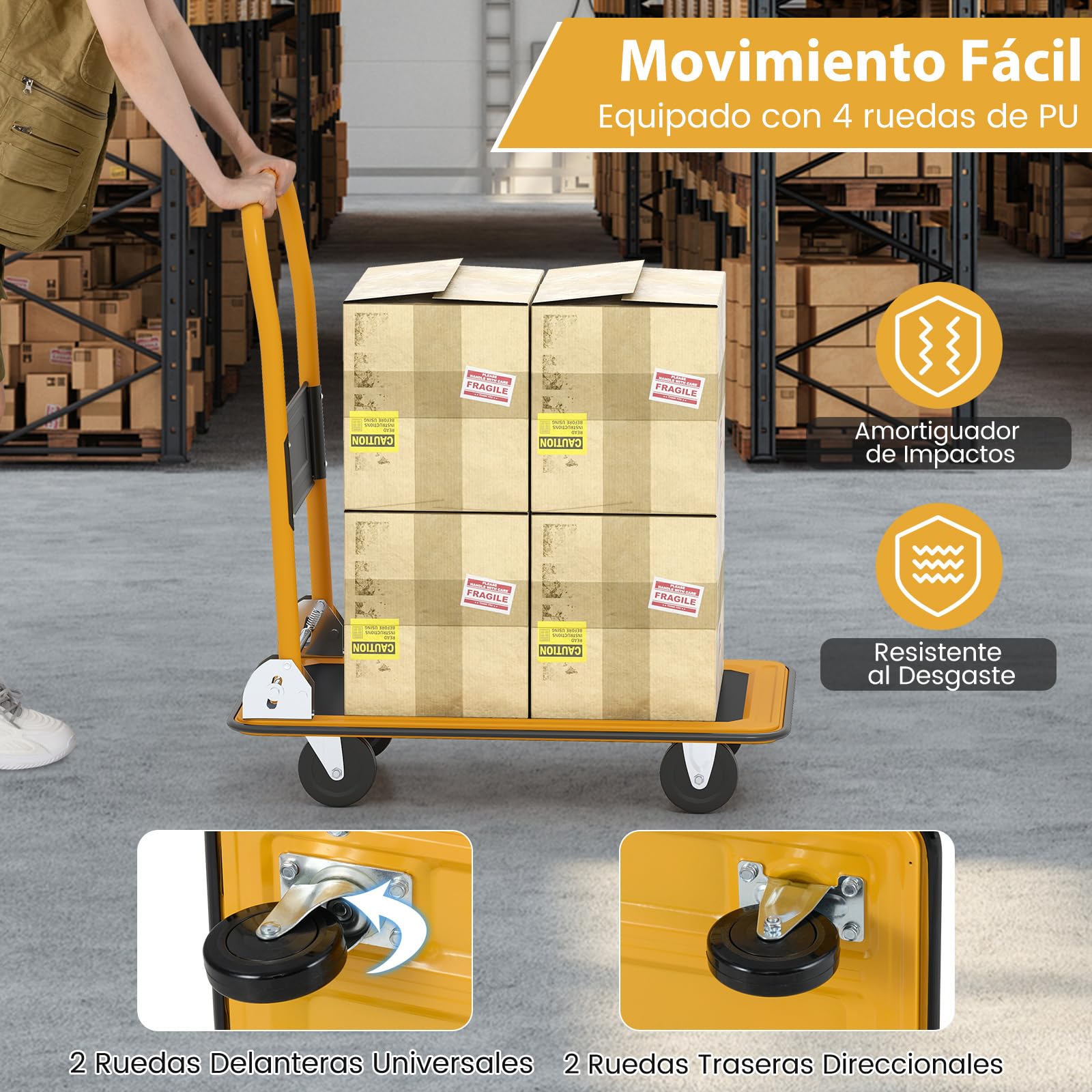 COSTWAY Carretilla Plegable hasta 150kg, Carretilla de Carga con 4 Ruedas Resistentes al Desgaste, Carro Plegable con Superficie, Carro Transporte Plegable para Todas las Superficies (Negro,48 x 73cm)