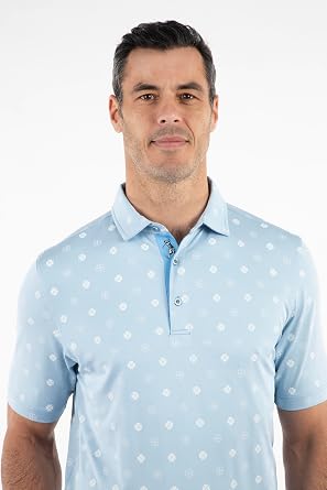 Bobby Jones Mens Short Sleeve Clover Print Performance Golf Polo Shirt (Size Small - 3XL) (US, Alpha, 3X-Large, Regular, Regular, Sky Blue)