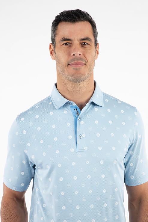 Bobby Jones Mens Short Sleeve Clover Print Performance Golf Polo Shirt (Size Small - 3XL) (US, Alpha, 3X-Large, Regular, Regular, Sky Blue)