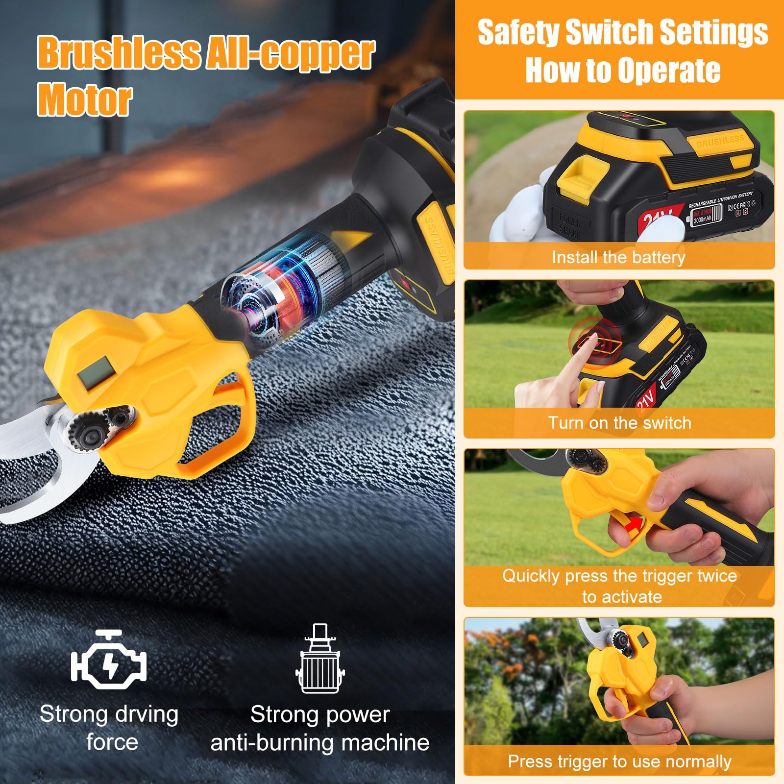 Sécateur Électrique Sans Fil 30mm, Secateur a Batterie, Secateur Electrique Professionnel avec 2 x 2000 mAh, Écran LCD, Moteur Brushless, SK7 Lame, Secateur de Jardin pour Arbres, Arbres fruitiers