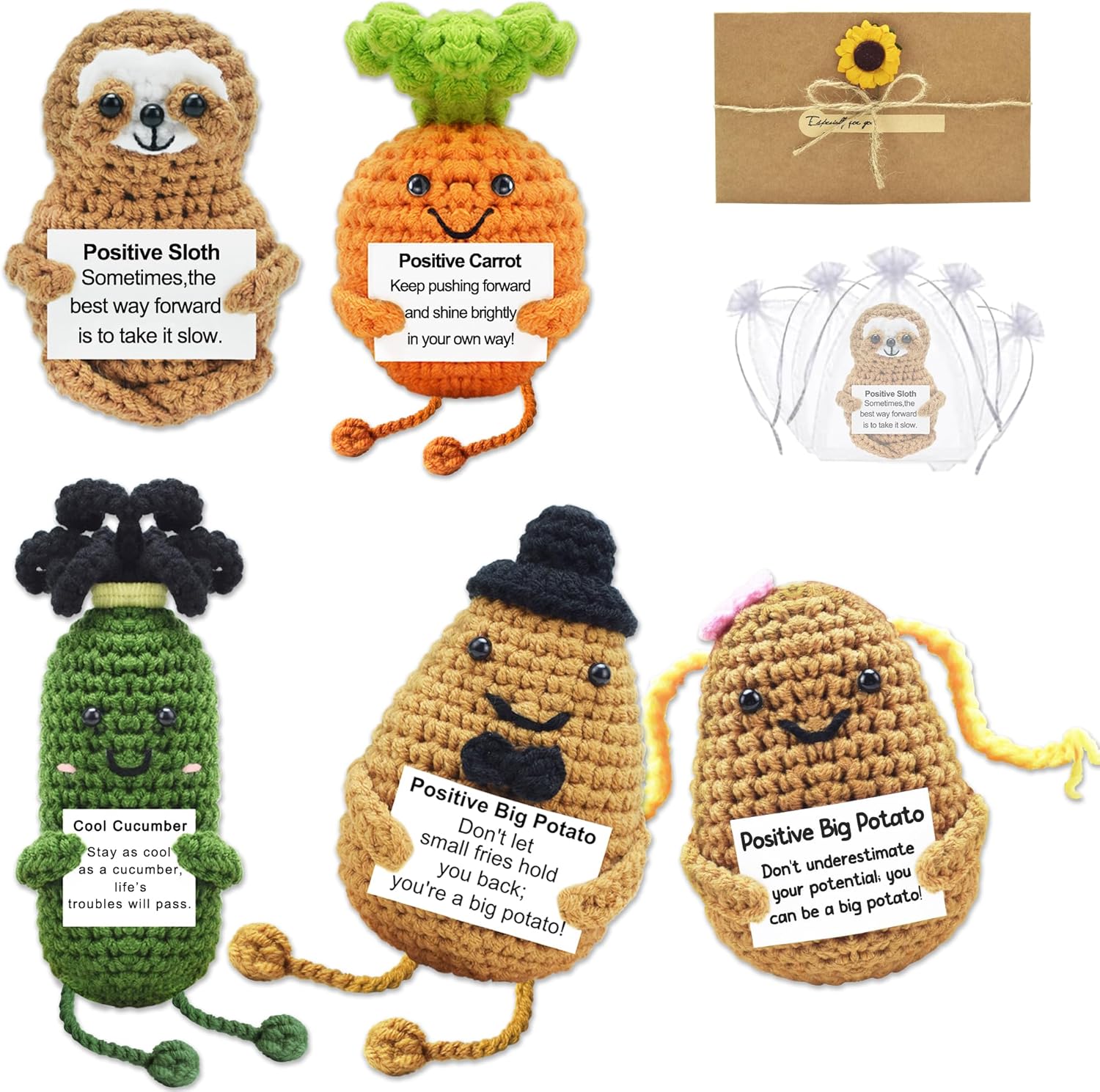 Gifts for Friends, Emotional Support Crochet Positive Animal Set with Note, Positive Crochet Pack for Decor, Gift for Halloween Women, Men, Coworker, Boyfriend, Girlfriend