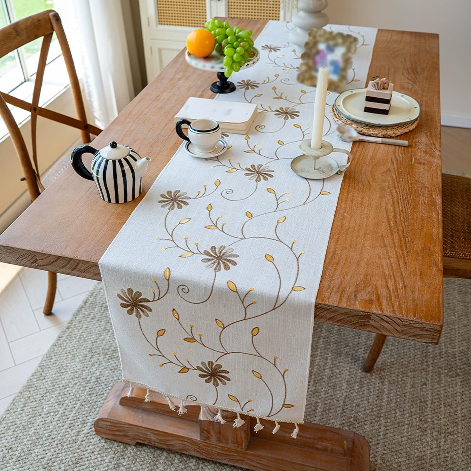 Embroidered Willow Leaf Table Runners Cotton Linen Tablerunner With Tassels Elegant Rectangle Decor For Daily Use Kitchen Dining Party Dessert Table Decor Brown Poppy (35*180cm/13.77*70.86in)