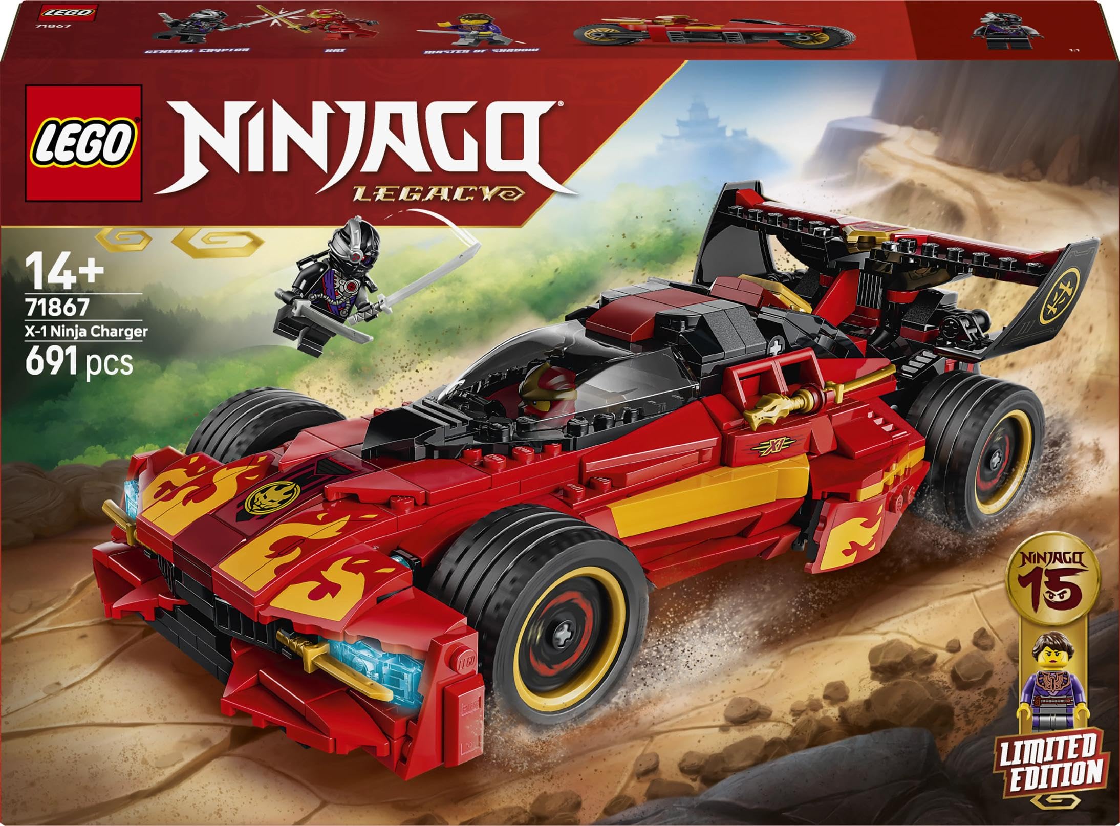 LEGO NINJAGO Super-Bolide Ninja X-1-15° Anniversario - Modello Auto da Corsa con Moto Giocattolo e 3 Minifigure tra cui Kai - Regalo Nostalgico per Ragazzi da 14 Anni in su e per i Fan Adulti 71867