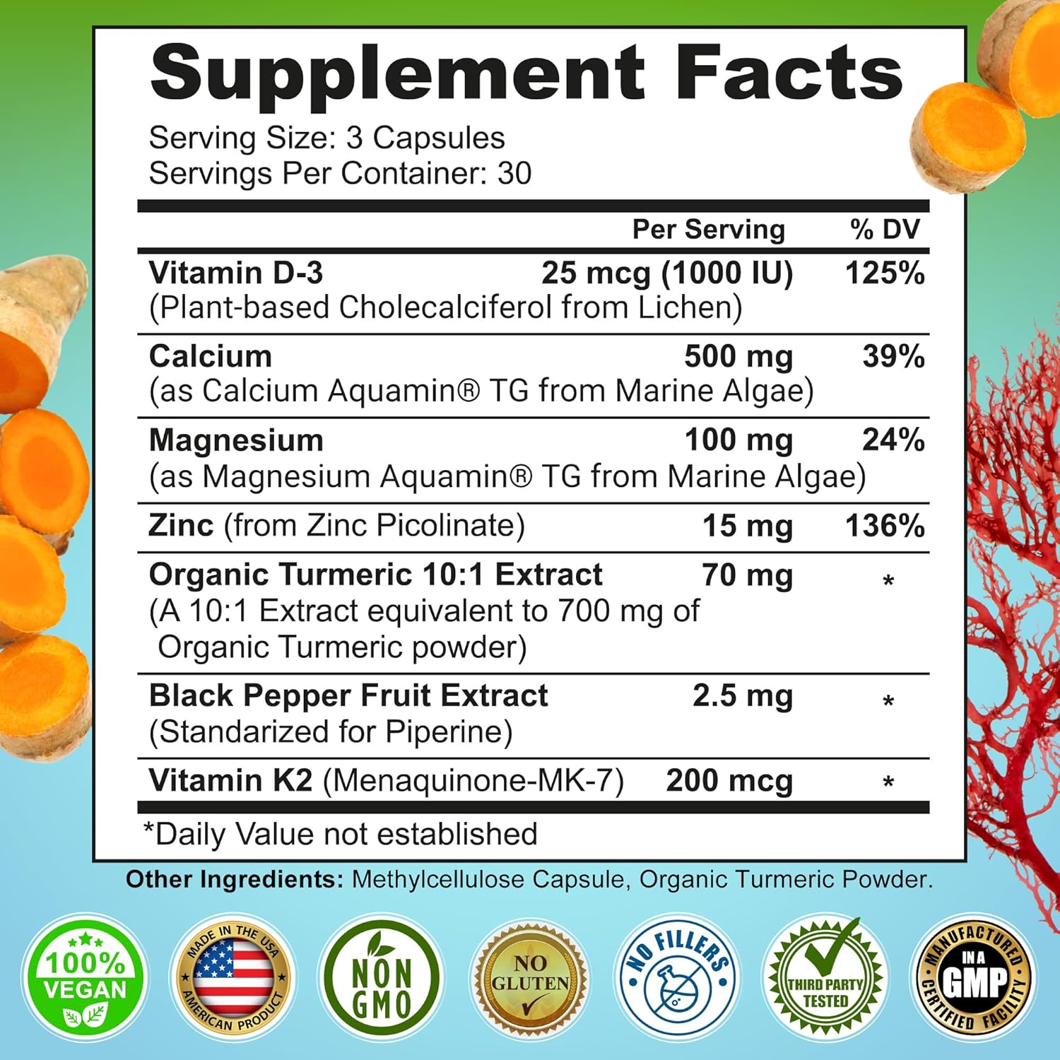 Plant-Based Calcium 500mg (Aquamin) – Vegan Calcium Magnesium Zinc D3 with Vitamin K2 & Organic Turmeric – Enhanced Bone and Muscle Health & Strength, Immune Support for Women & Men - 90 Count - Image 6