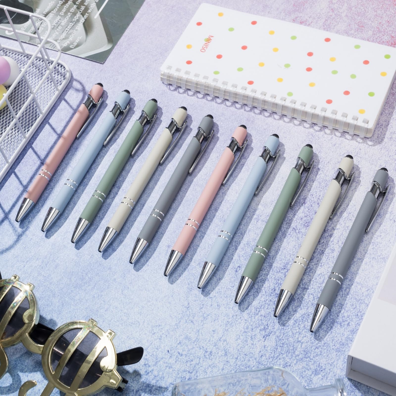 mumrap 10 pcs Ballpoint Pens Retractable Multipack 2 in 1 Pens Set including Stylus tip Black Ink funny pens for work colleagues cute stationary Women Men office gift(Morandi color) - Image 2
