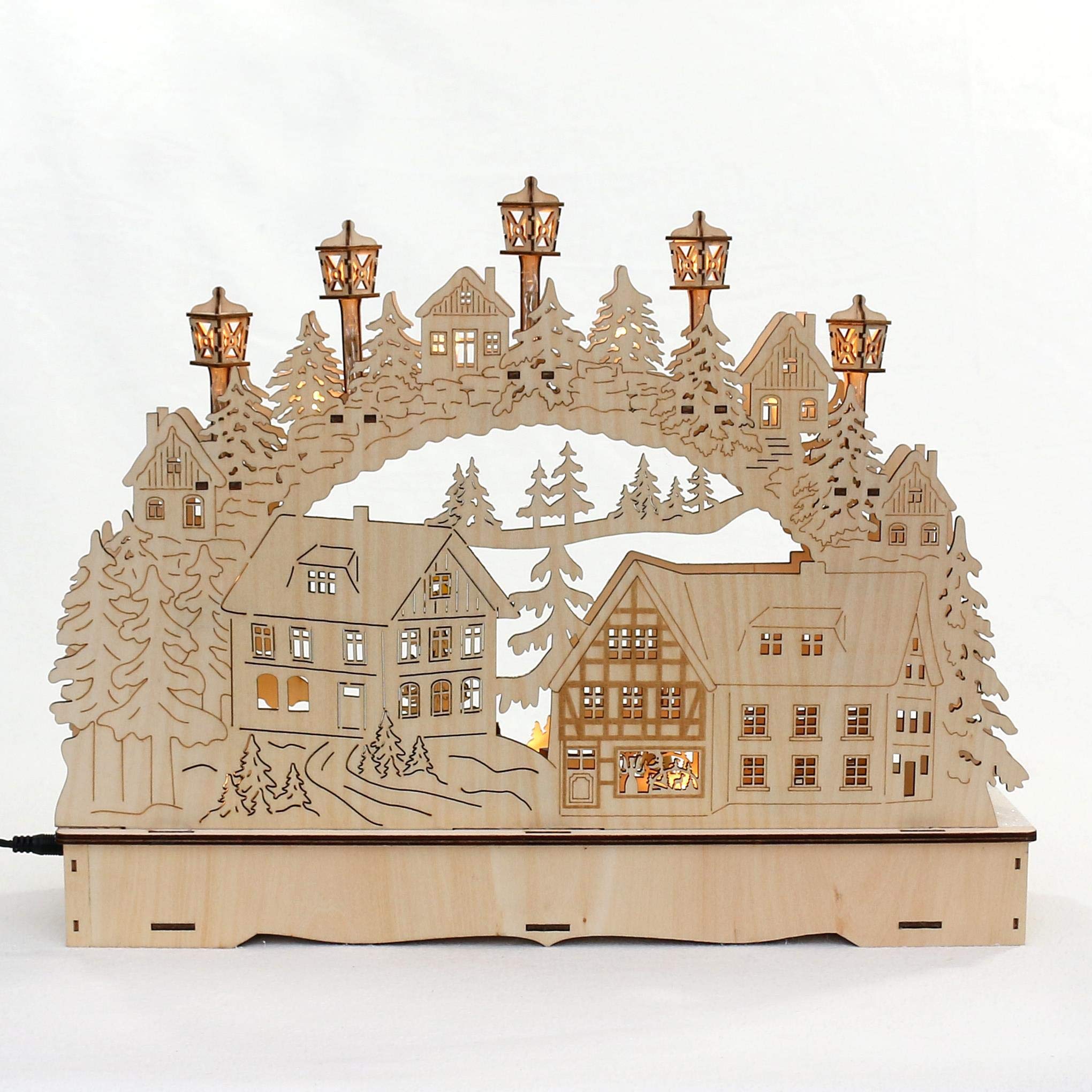 Dekohelden24 ***LED Holz Schwibbogen mit bewegtem Weihnachtsbaum, Motiv: Weihnachtsmann und Schneekinder, L/B/H ca. 45 x 12 x 35 cm, für Batterie- oder Adapterbetrieb.