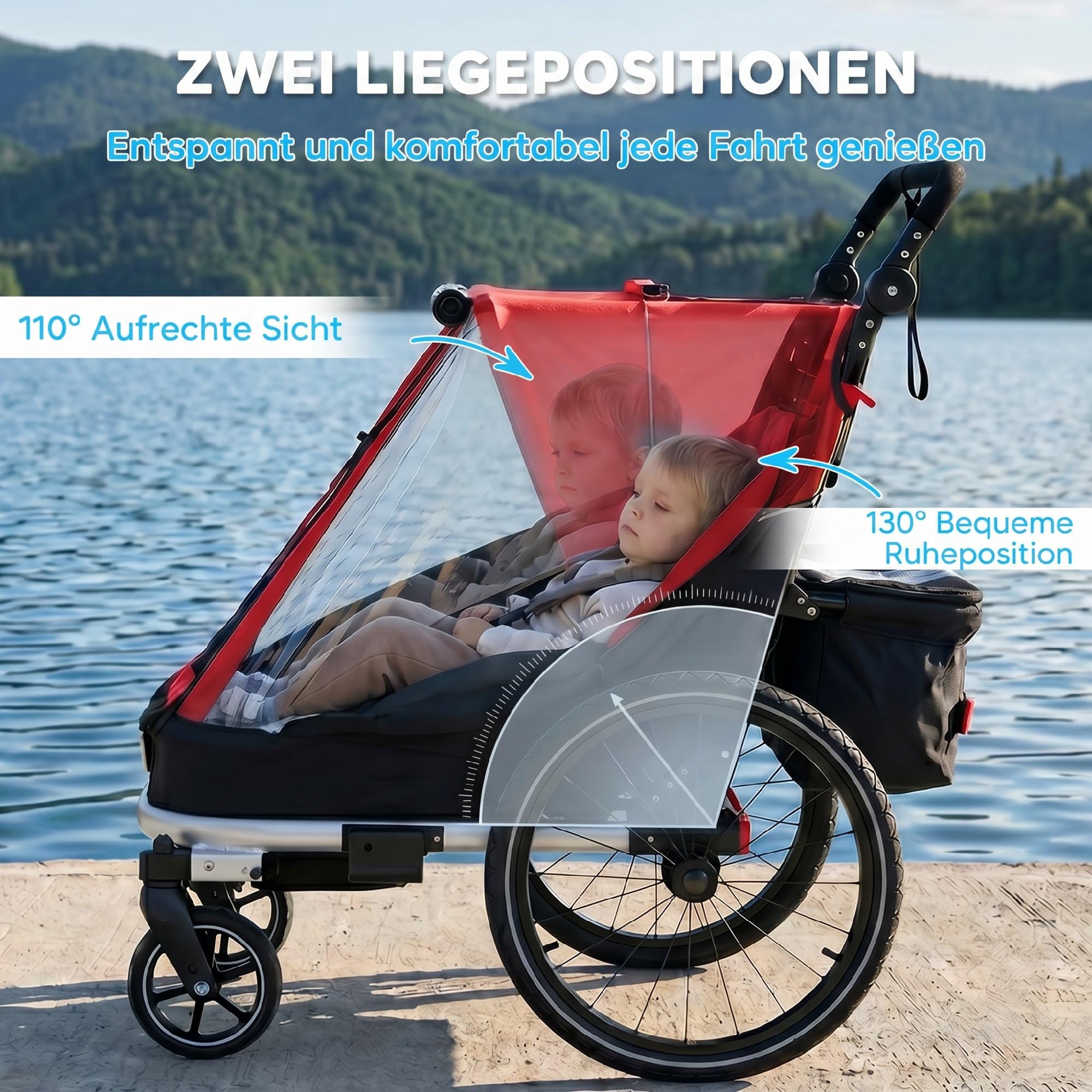 AIYAPLAY Rimorchio per bicicletta e passeggino 2 in 1, 2 posti, pieghevole, con cintura a 5 punti, bandiera di sicurezza, per bambini a partire dai 12 mesi, massimo 18 kg