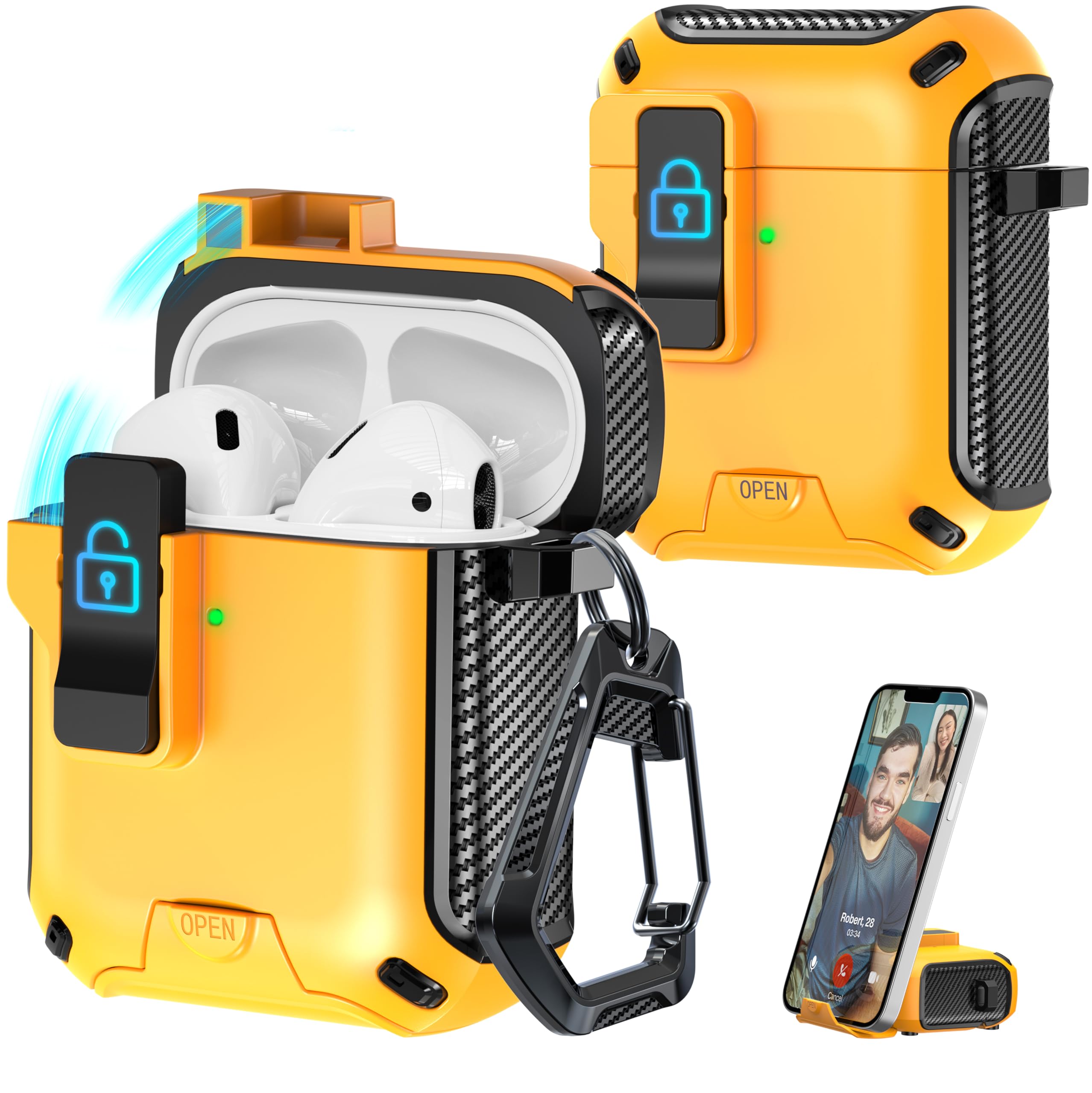 R-fun Compatible AirPods 2nd Generation 2019,1st Gen Headphone Cases, Fully Drop Proof Auto Eject Protective Cover Design, New Charging Port Dust and Stand Design,Black+Yellow