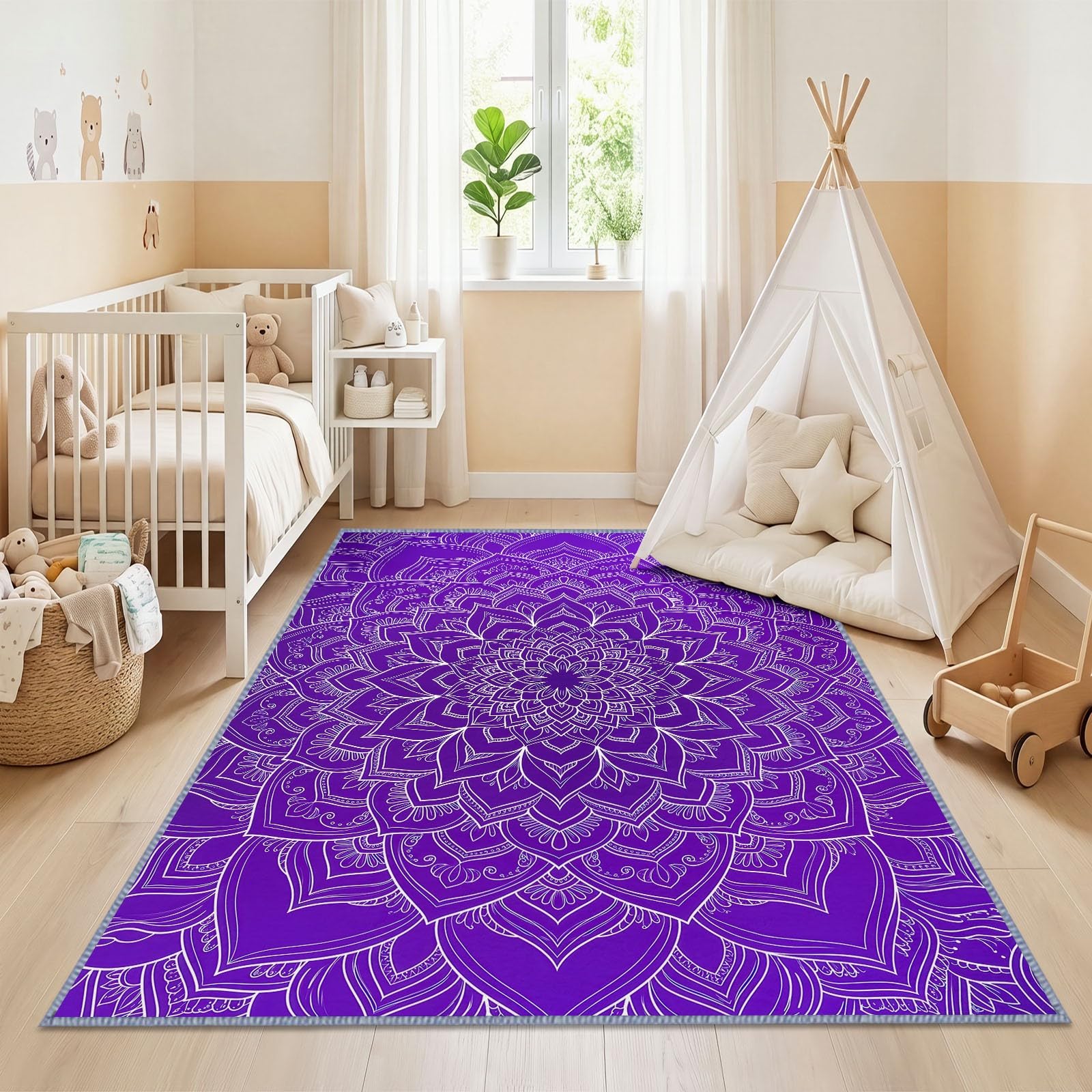 Bohemian Wohnzimmer Teppich 100 x 160 cm, Waschmaschine Geometrisches Blumenmuster Lila Mandala Schlafzimmer Weicher rutschfest Design Teppiche für Küche Esszimmer Büro Bereich Dekor