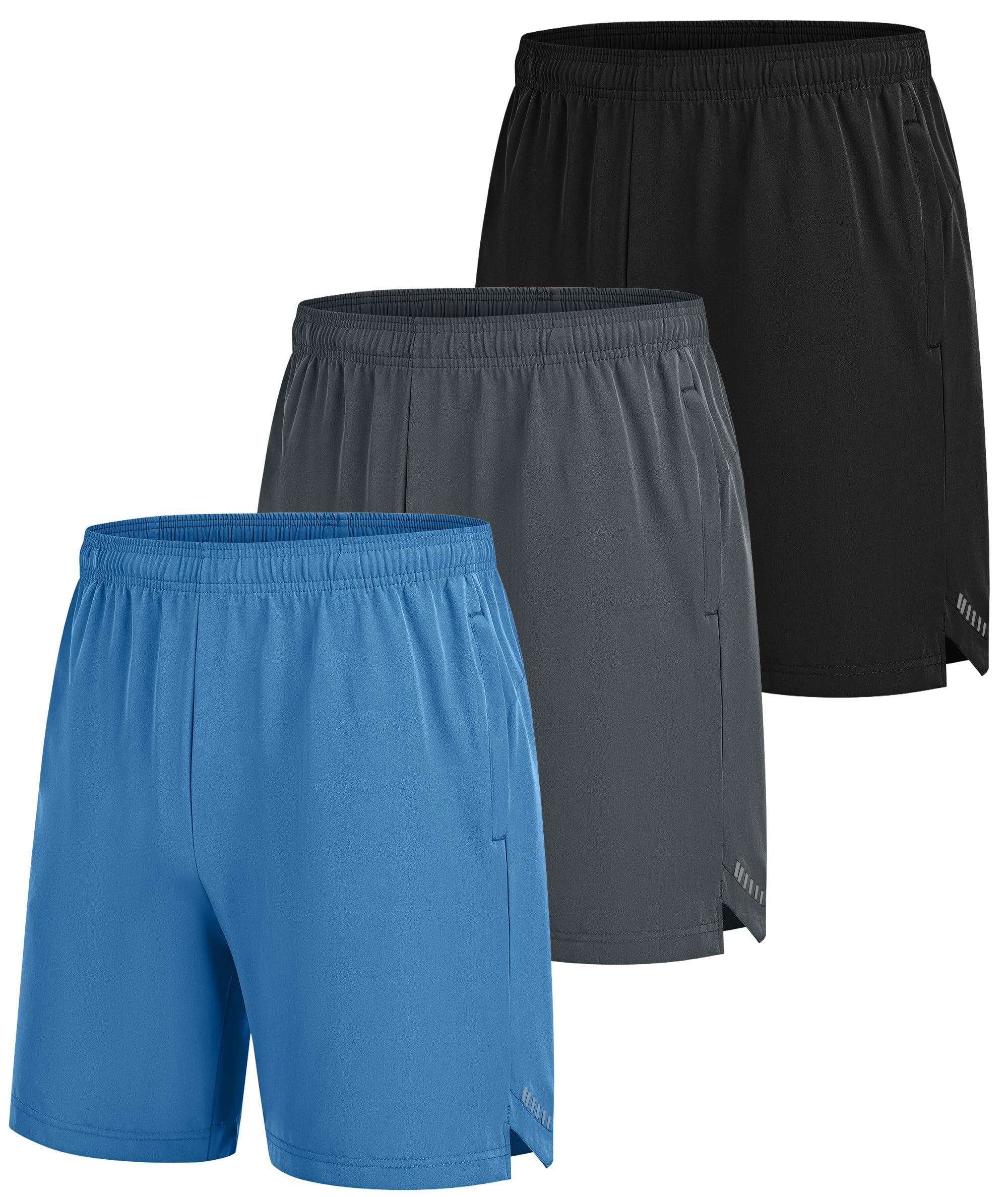 RBYEKP Mens Sport Shorts 3 Pack Zip Pockets Gym Training Athletic Shorts for Men with Drawstring Elastic Waist 3XL Black+Light Blue+Dark Grey