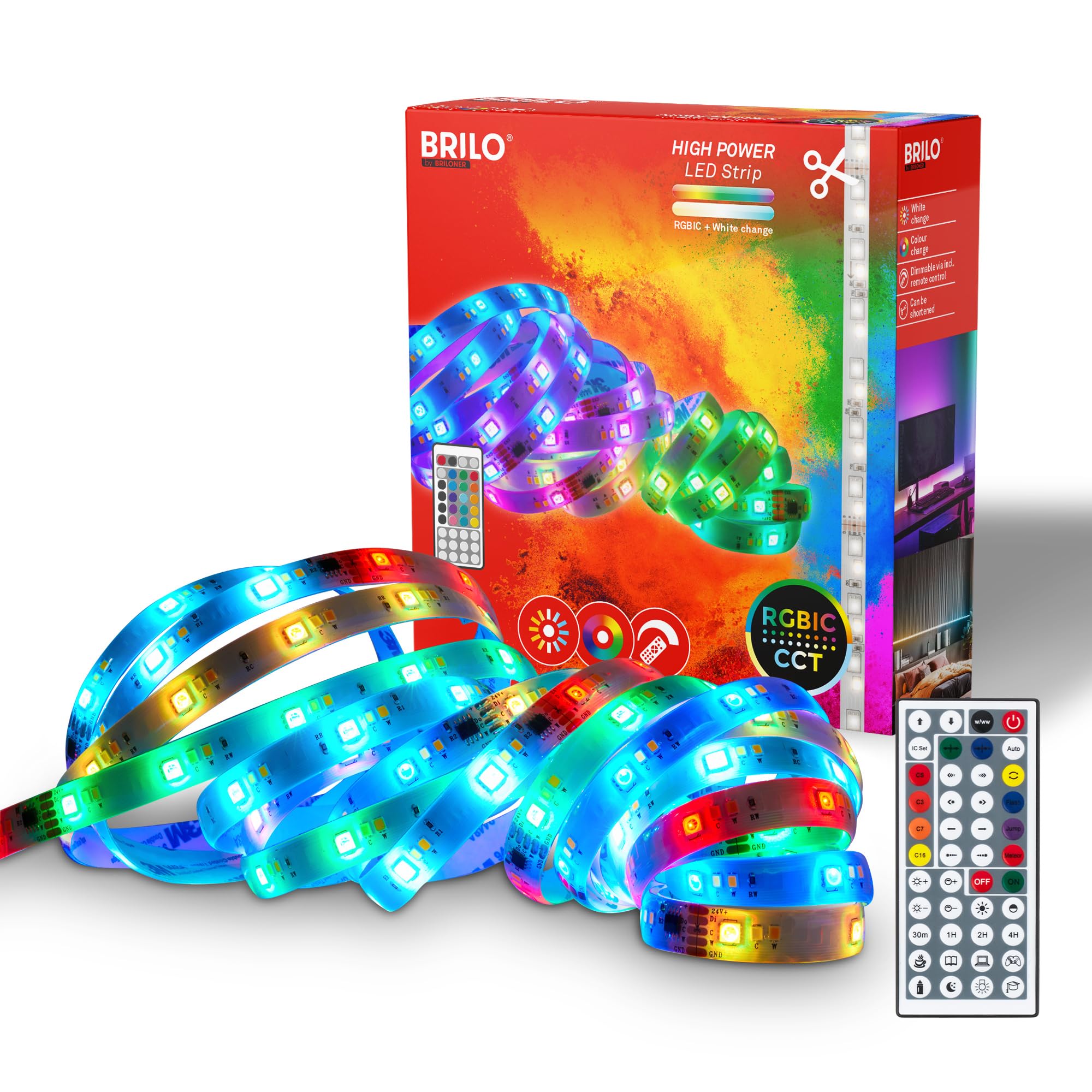 BRILONER LED Strip 5m mit Fernbedienung, dimmbar, RGB IC dynamischer Farbwechsel, CCT