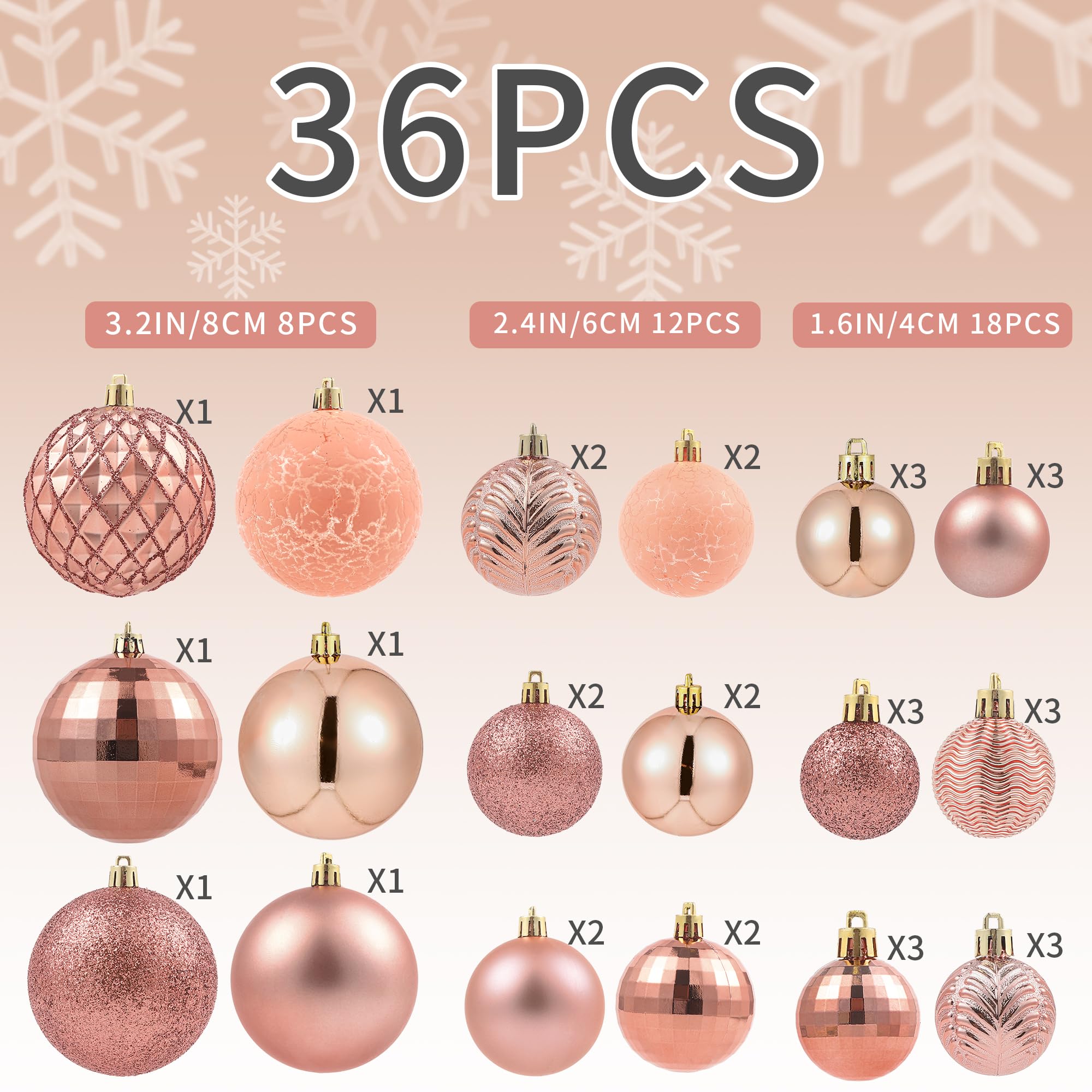 LANGXUN 36 pièces de Boules de Noël en Or Rose pour Les décorations de Noël, de Mariage et de fête, Boules incassables pour l'arbre de Noël avec Boucle de Suspension