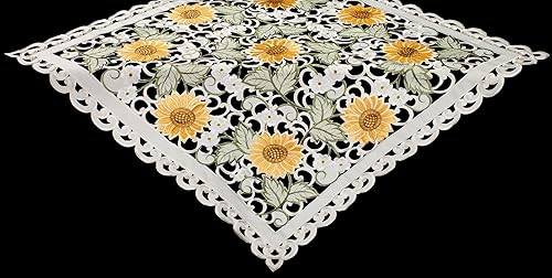 Miniatura 3 de Mantel bordado de girasol y margarita blanca en marfil de tejido abierto, mantel pequeño (cuadrado de 33 pulgadas)