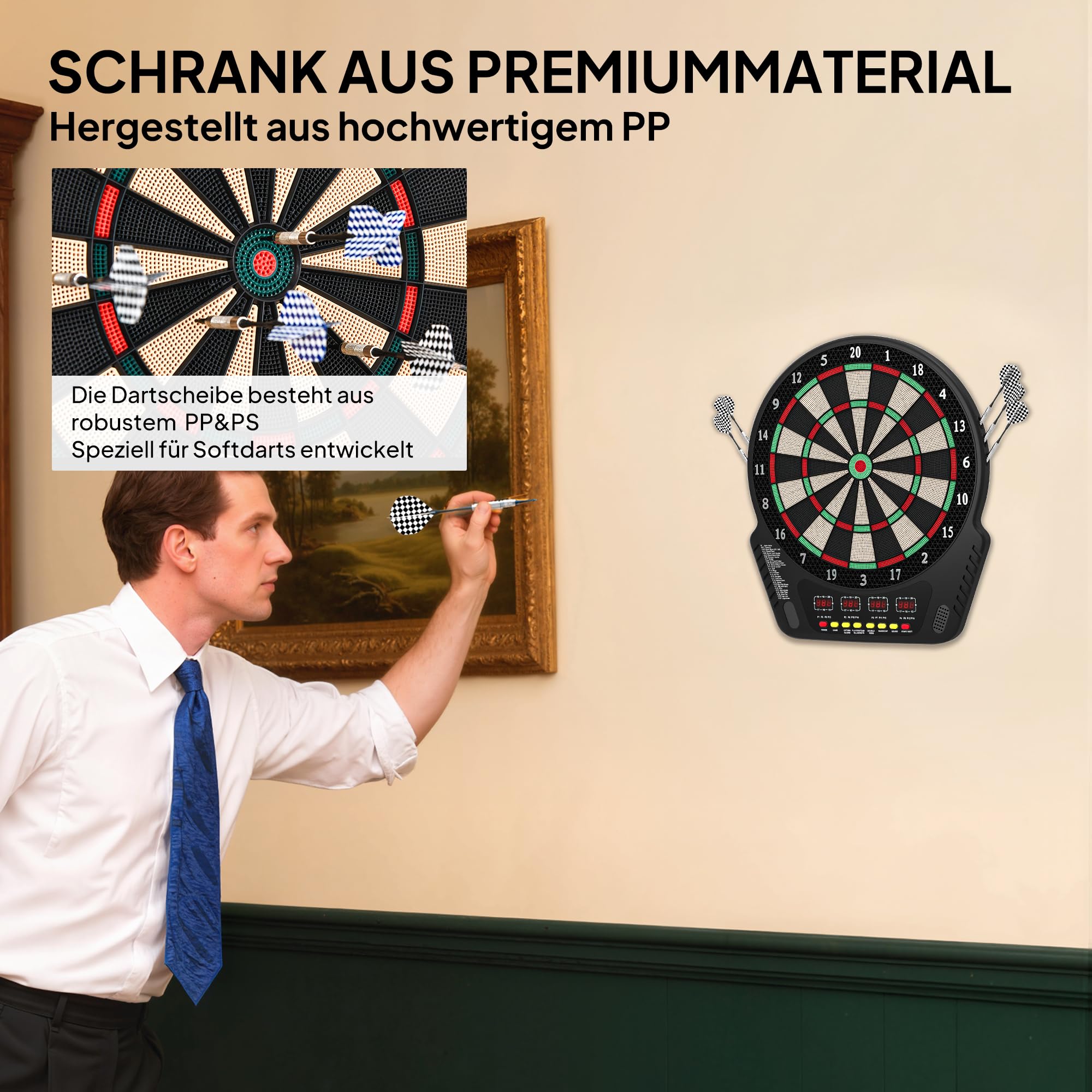 HOMCOM Elektronische Dartscheibe Dartboard Dart-Set mit LED Anzeige mit automatischer Wertung Soundeffekte 6 Darts 24 Dartköpfe 27 Spiele und 243 Trefferoptionen für 16 Spieler 44 x 51,5 x 3,2 cm
