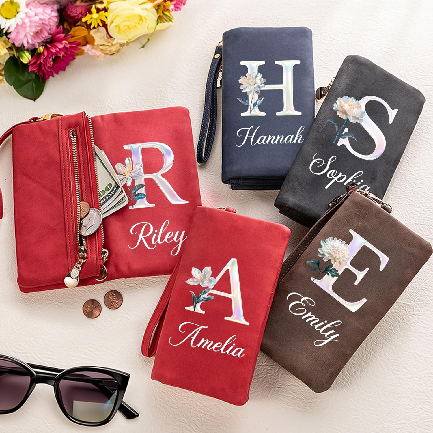 Custom Initial Wallet PU Leather Personalized Birth Flower & Name Wallets for Women Pearl Laser Coin Purse Card Holder Birthday Valentines Mother's Day Gifts for Her Wife Mom - Image 3