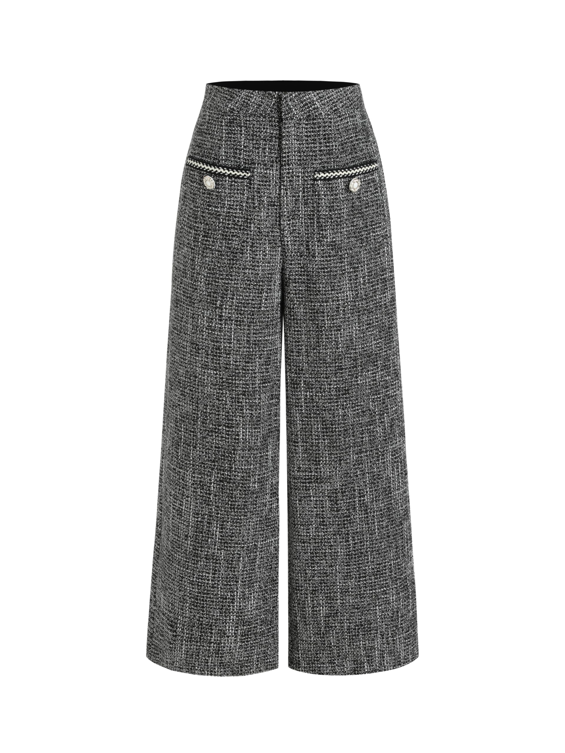 CIDER Tweed Mid Waist Solid Button Wide Leg Trousers