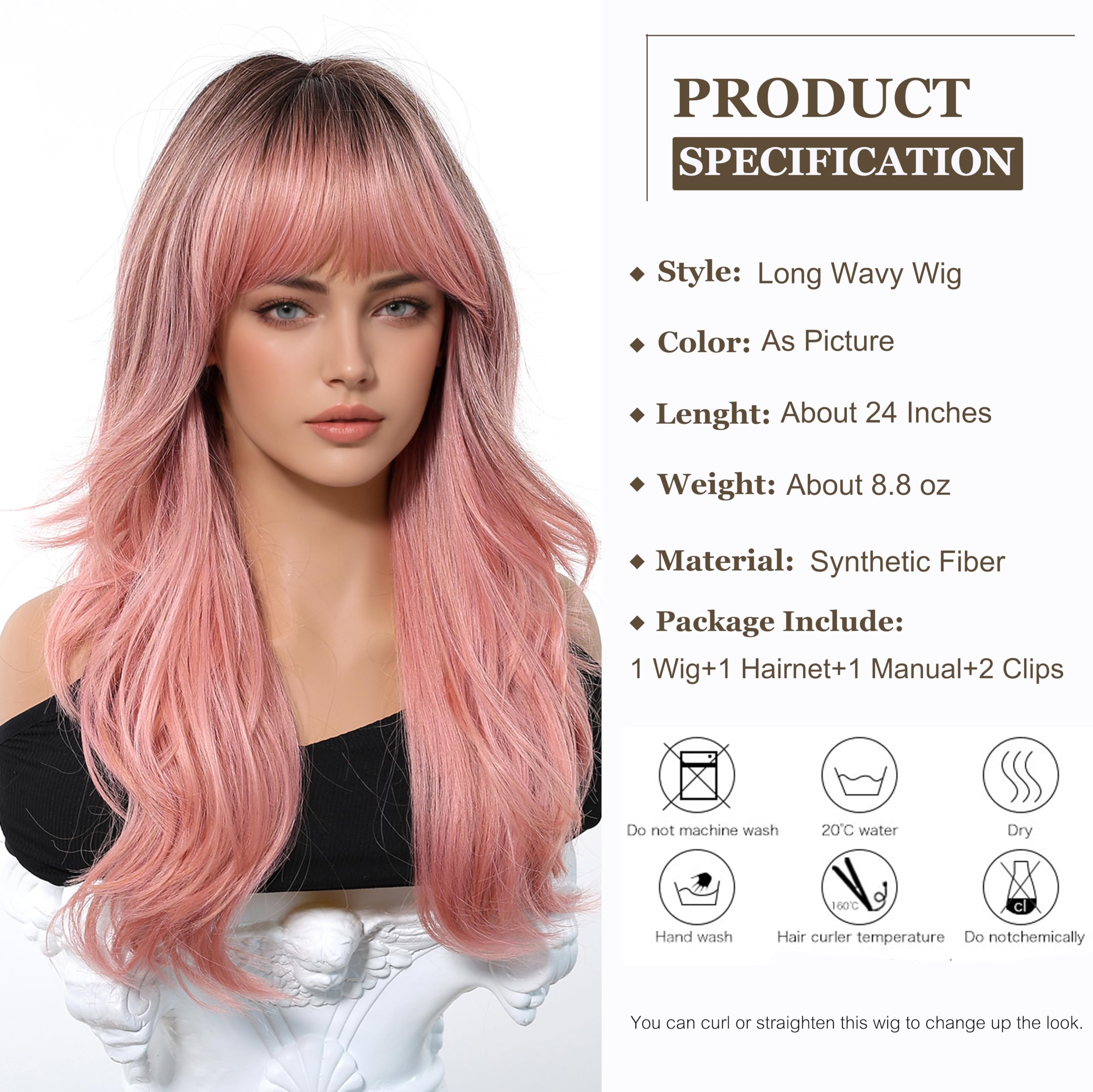 Esmee Long Wave Ombre Pink Wig for Women with Curtain Bangs Natural Synthetic Hair Wigs for Daily Party Use - Image 2