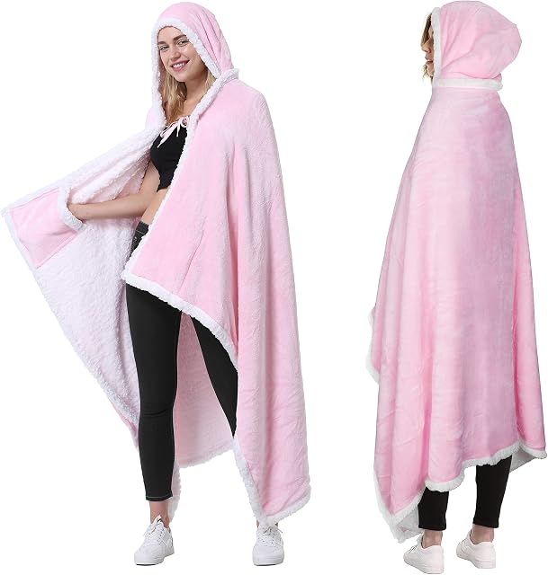 Catalonia Classy Blanket poncho with hood | Portable cuddly blanket with pockets | Comfortable sherpa fleece cover cape for children and adults Pink
