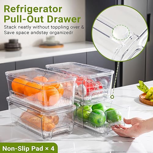 Miniatura 5 de Imncya Paquete de 6 cajones apilables extraíbles para refrigerador, cajón transparente para refrigerador con tapas, cajones de almacenamiento