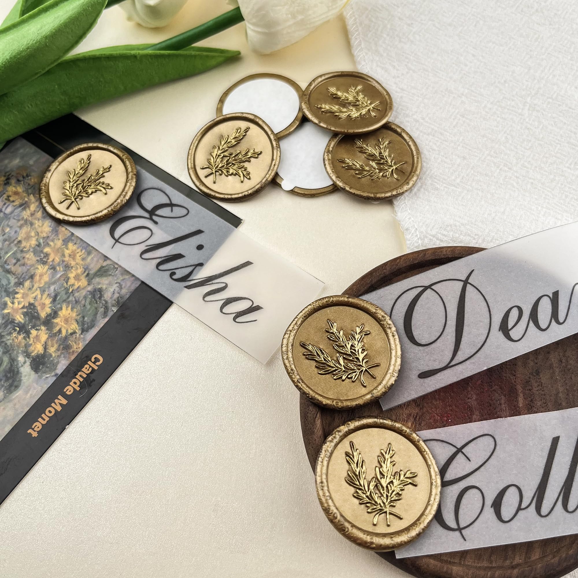 25 calcomanías de cera hechas a mano, sellos de cera autoadhesivos para invitaciones de boda, fiesta, sobres, envoltura de regalo, Navidad (estilo romero, cera de bronce)
