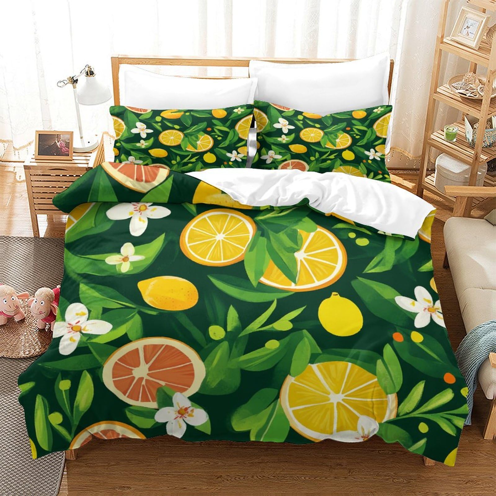 P1s9u7w5y Lemon-1-1 Refreshing Citrus Fruit 3D Printed Duvet Cover Set 3Pcs Microfiber Botanical Bedding Set King（220X240cm）