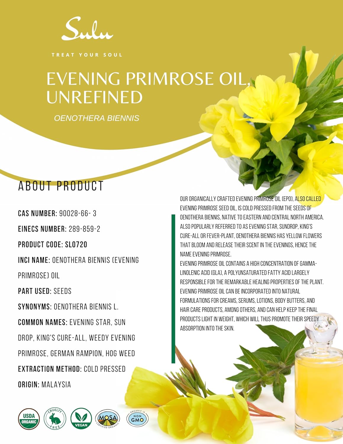 SULU ORGANICS 4 LBS 100% Pure Unrefined Cold Pressed Virgin Evening Primrose Oil 12% GLA