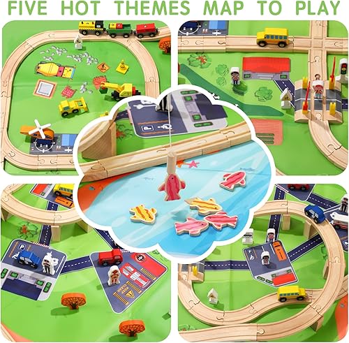 Miniatura 3 de 100 Pcs Wooden Train Track Set, Toy Train with Tracks for Kids Ages 3-10, Compatible with Major Brands, Railway Playset for Boys and Girls Birthday