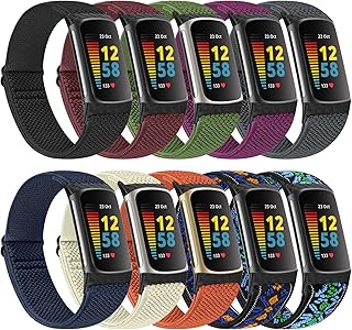 Huamanlou 10 Pack Elastic Nylon Watch Bands Compatible with Fitbit Charge 5 Bands, Adjustable Breathable Stretchy Sport Replacement Wristband for Fitbit Charge 5 Women Men
