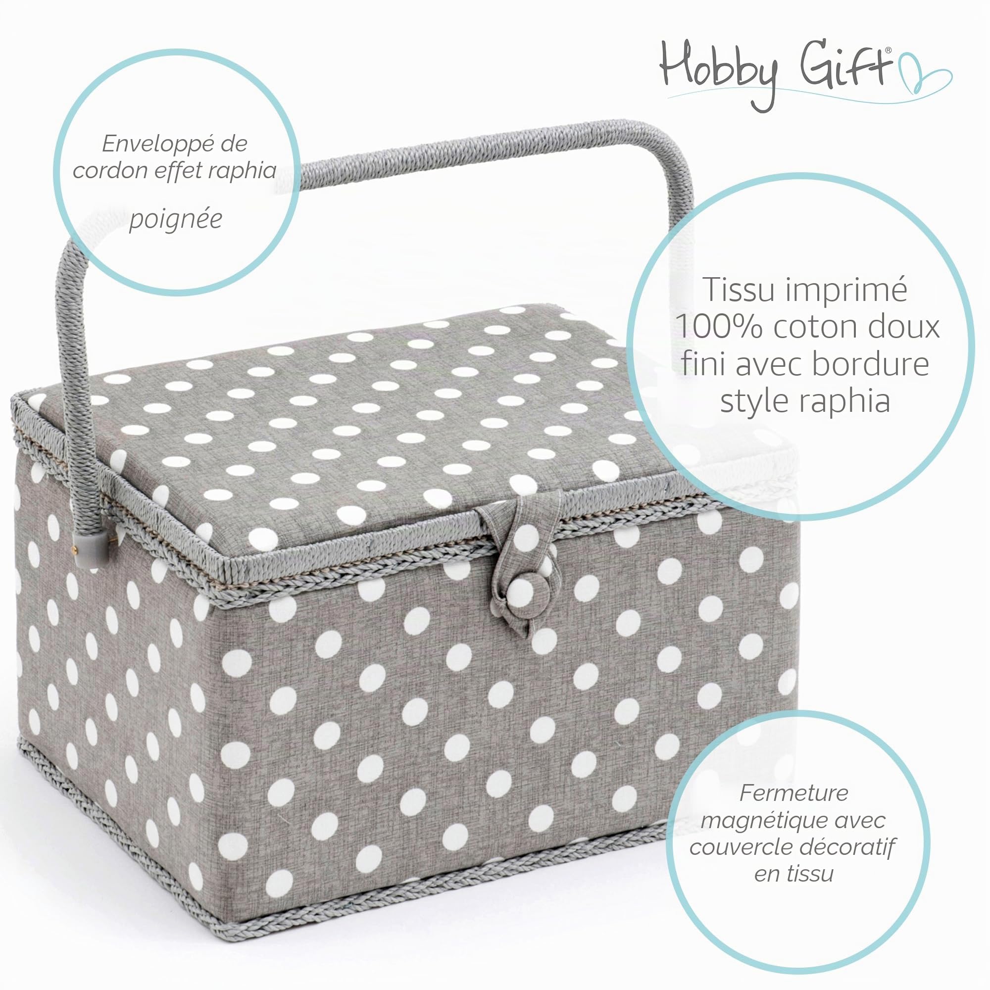Hobby Gift Exclusif Grande boîte de rangement pour travaux manuels de couture, Gris à Pois