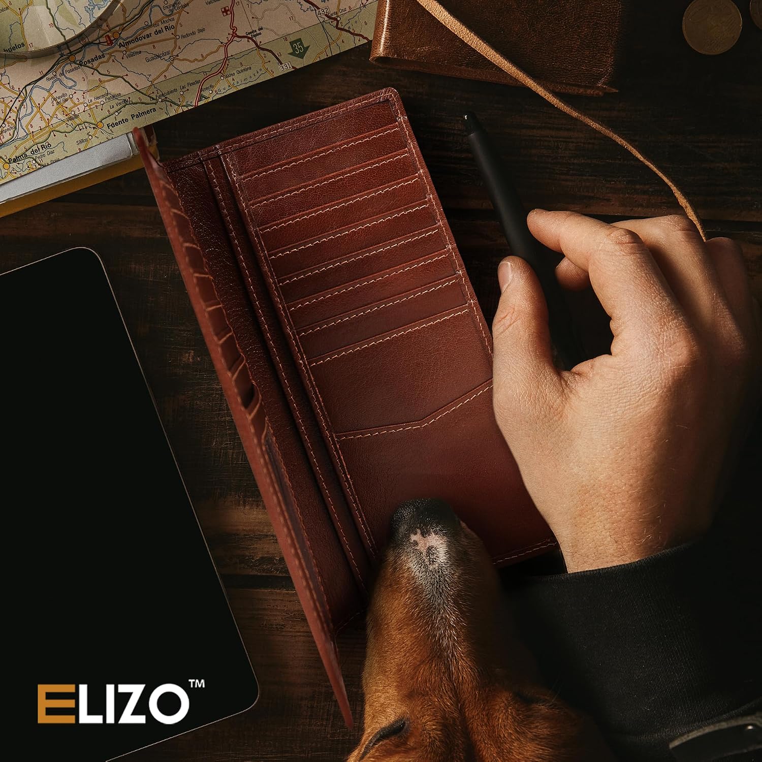 ELIZO Men's Genuine Leather Long Wallet - RFID Blocking Rodeo Checkbook Wallet | Western Bifold Wallet with 16 Card Slots, ID Window | Top Grain Leather Cowboy Wallet | Tequila