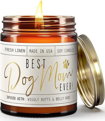 Dog Mom Gifts for Women, Dog Lovers Gifts for Women - 'Best Dog Mom Ever' Soy Candle, w/Fresh Linen I Gifts for Dog Lovers I Dog Gifts for Women I