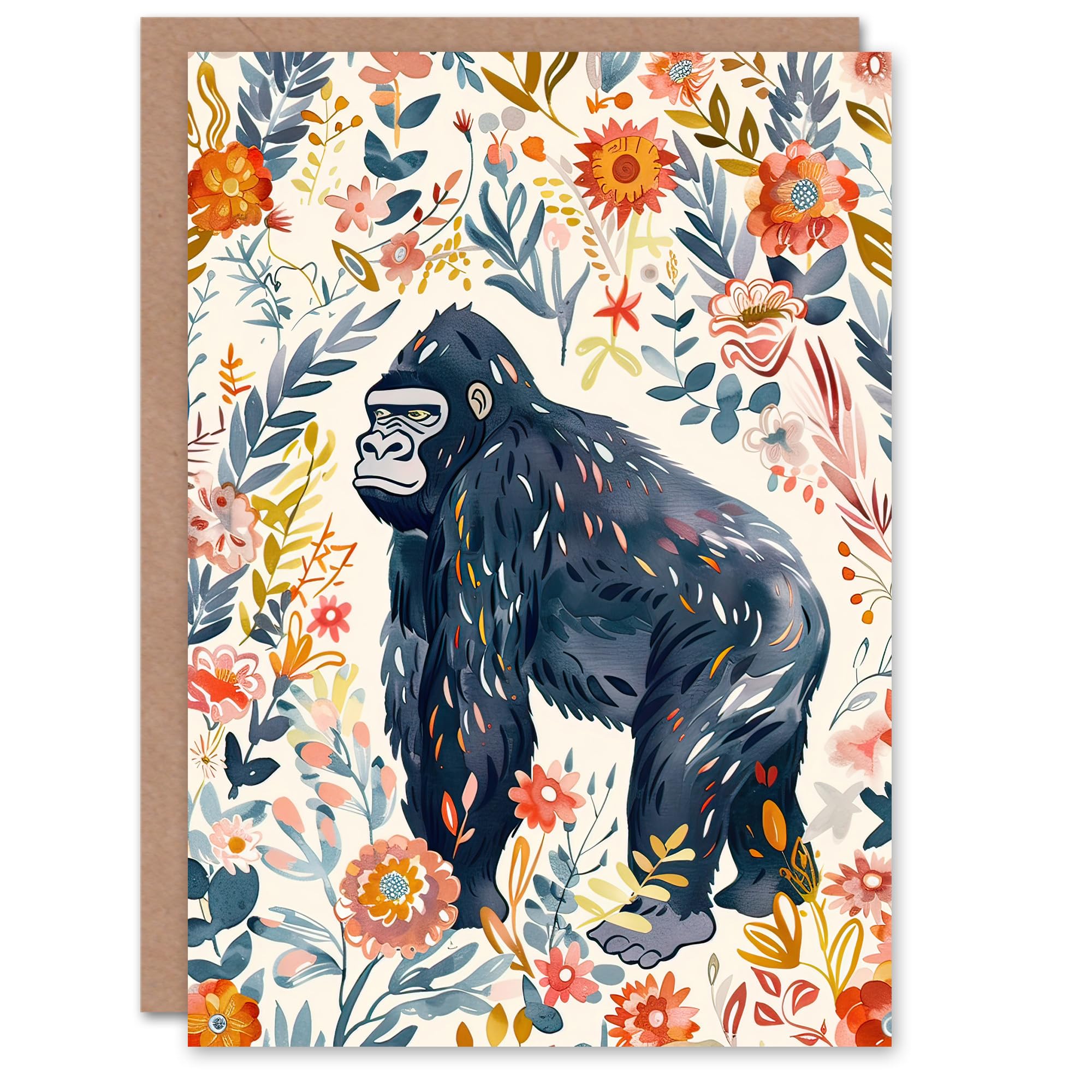 Artery8 Greeting Card Gorilla Ape with Wildflowers Floral Watercolour For Her Woman Birthday Card