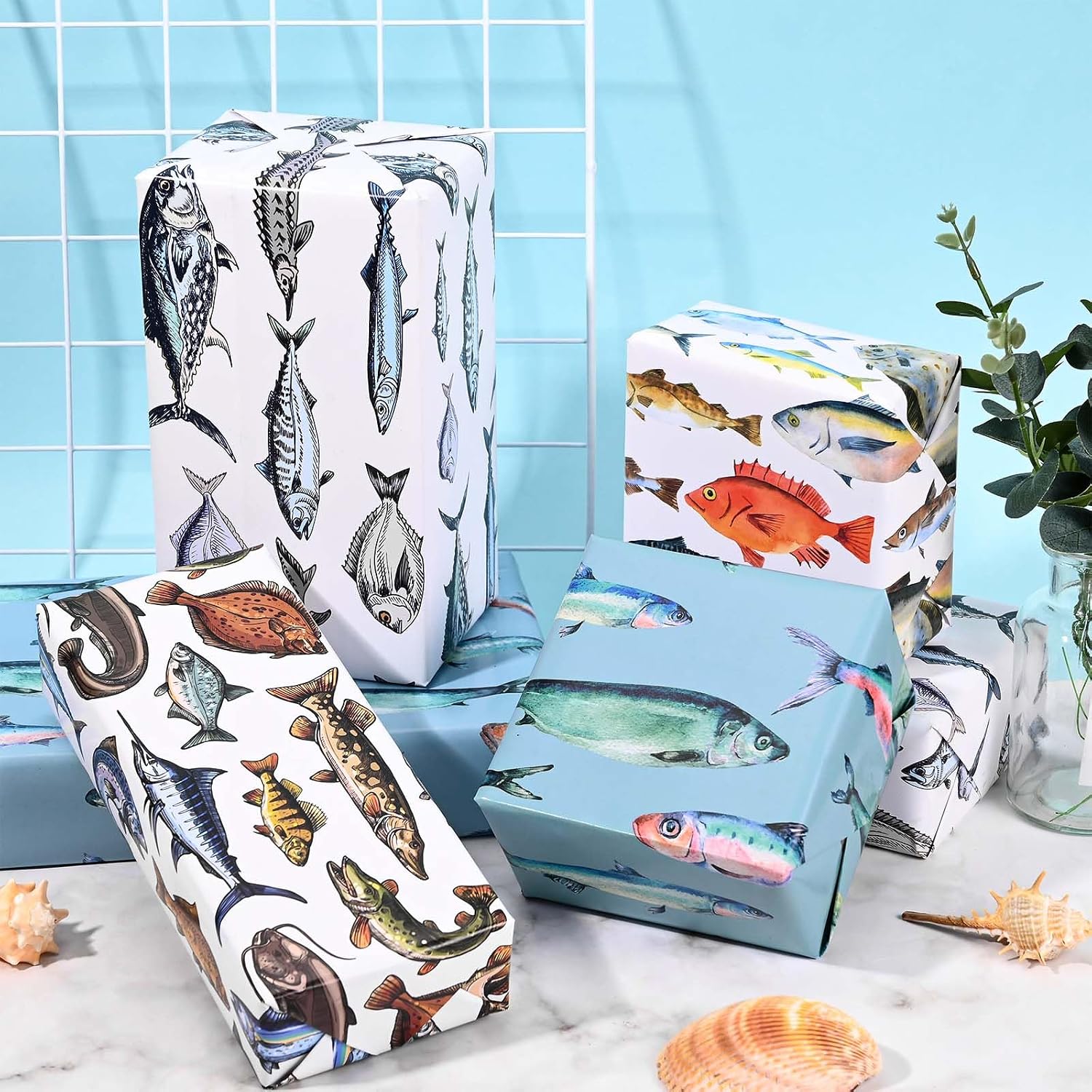 Sanixin 12 Sheets 28×20 Inches Fish Wrapping Paper Fishing Themed Gift Wrap Paper Deep Sea Fish Gift Paper for Baby Shower Birthday Fishing Theme Party DIY Craft