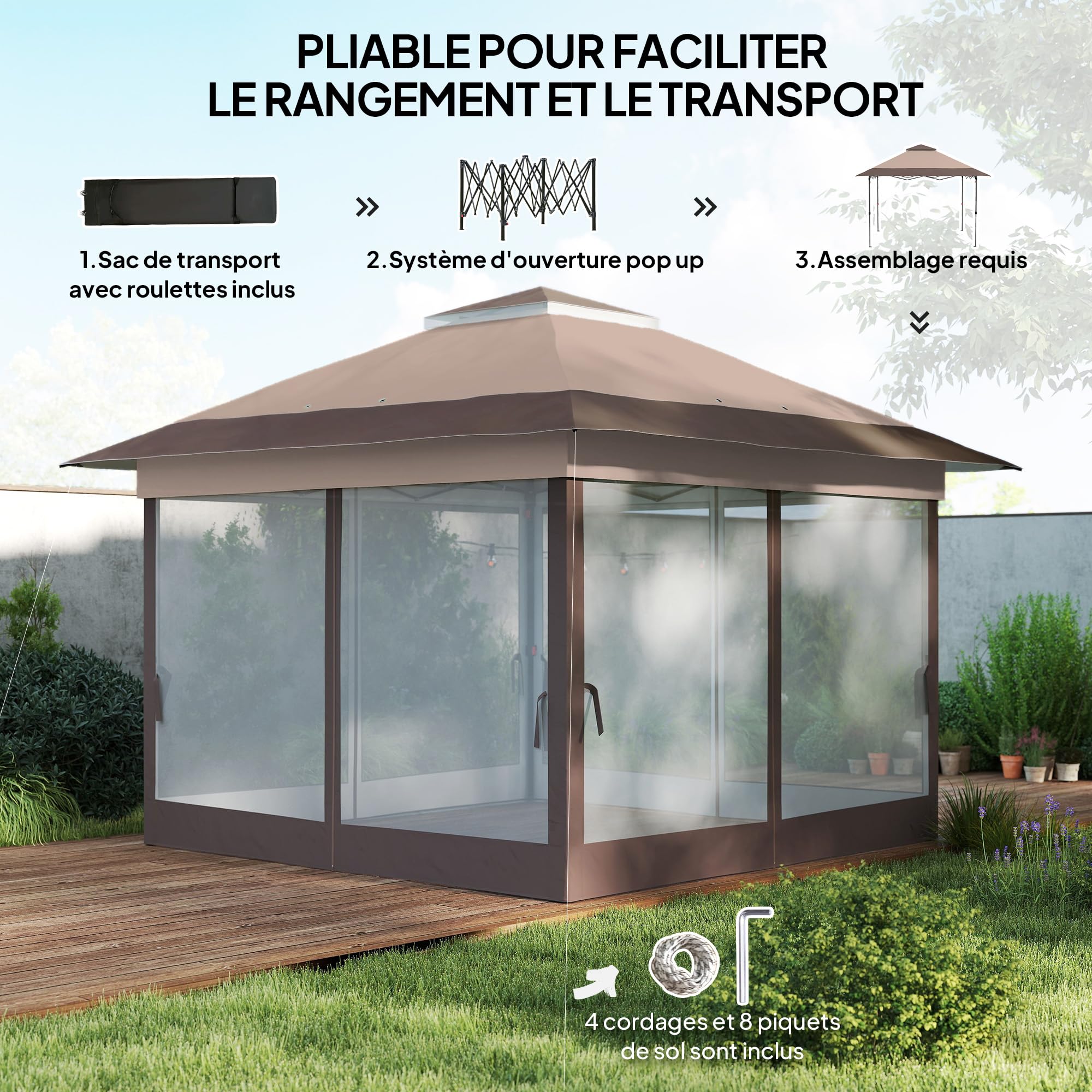 Outsunny Tonnelle de Jardin Extérieur Pliante 3,6x3,6m Kaki Marron