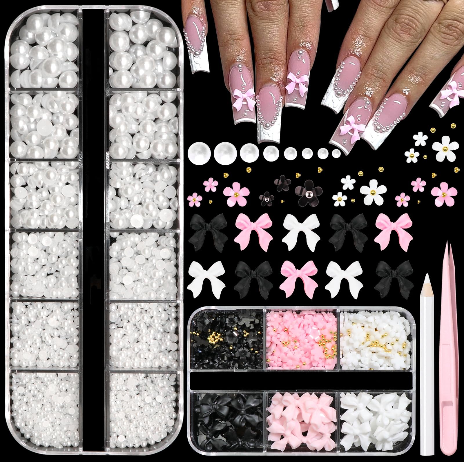 BELICEY 2 Boxes 3D Nail Charms Set Black Pink White Mix Bow Flower Charms for Nails White Flatback Nail Pearls Gold Caviar Beads with Pickup Pencil