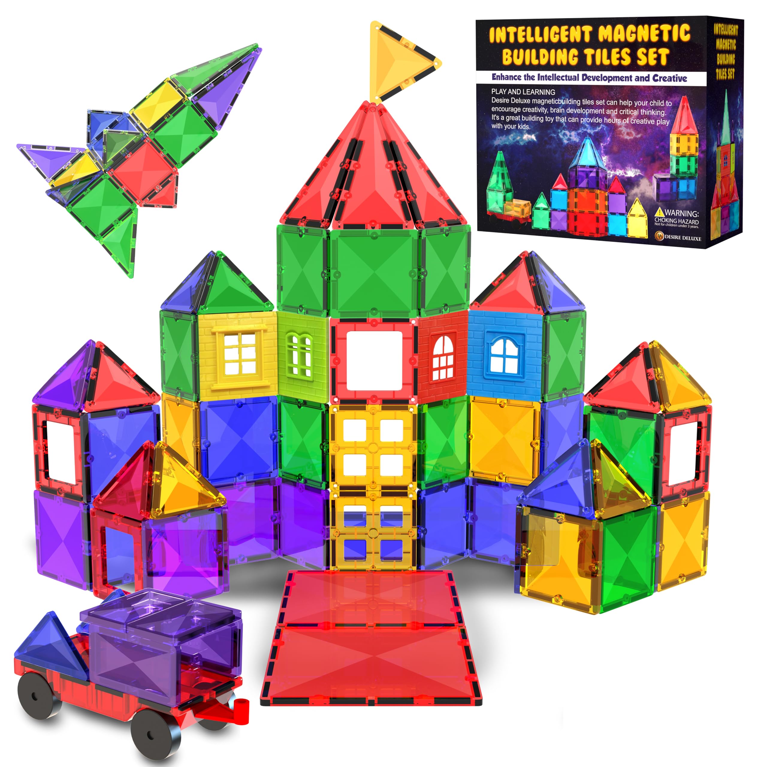 Magnetic Tiles Building Blocks Toy - STEM Educational Magnet Set for Kids, Creativity Preschool Learning Sensory Montessori Toddler Toys for Boys & Girls 3+ Years Old - 57PC