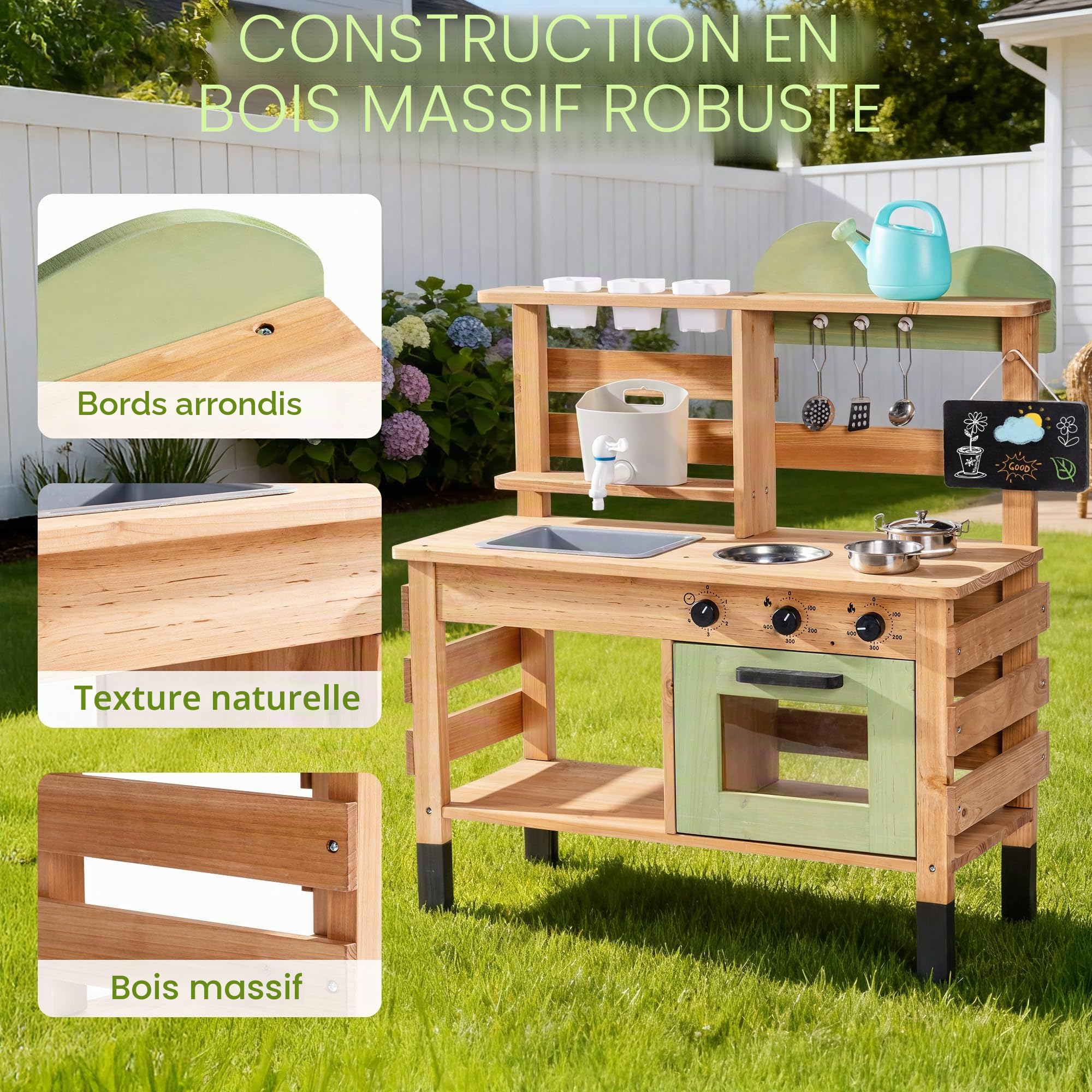 ROBUD Cuisine de boue pour enfants, cuisine de jeu en bois d'extérieur avec véritable robinet, évier amovible, bouilloire, tasse de plantation, four, tableau noir, jouet de cuisine de jardin pour