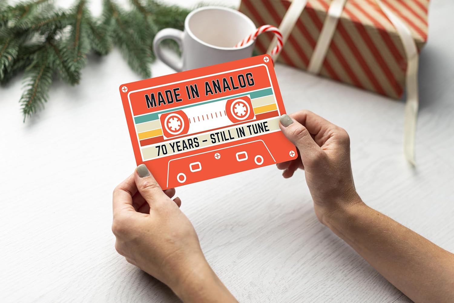 70th Birthday Gift – Retro Cassette Tape Design – Made in Analog, Still in Tune – 70 Year Old Greeting Card for Him or Her – 4.5x7inch with Red Envelope, Sticker - Image 7