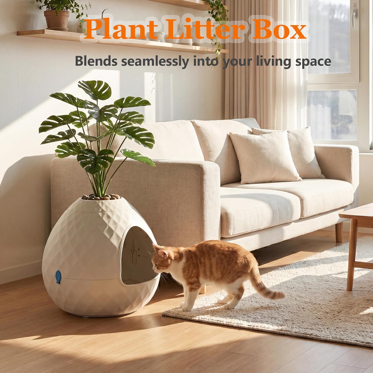 Hidden Cat Litter Box, Hidden Litter Box with Faux Plant & Pebbles, Easy to Assemble and Clean, Suitable for Living Room, Bedroom, Corner, Easy Clean, Indoor