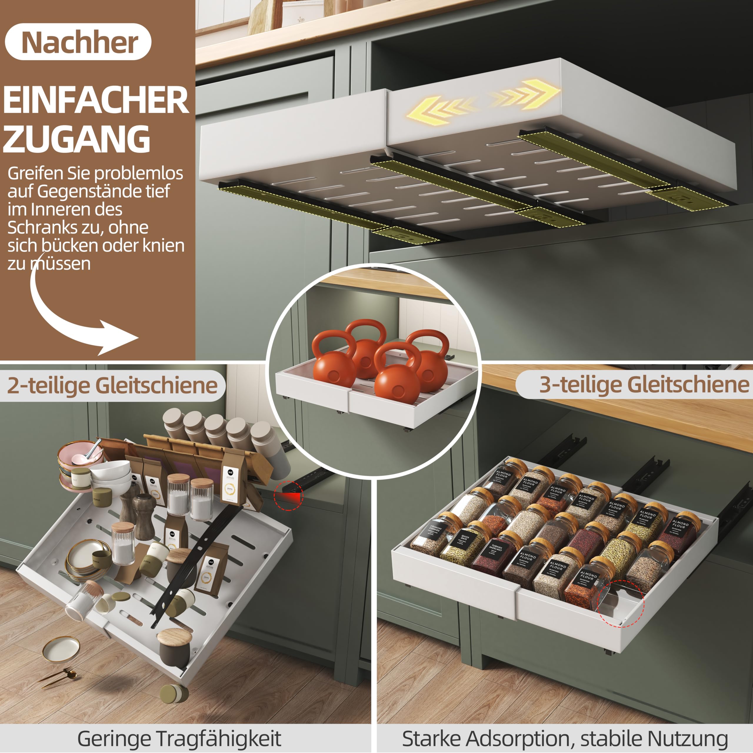 NETEL 2 Stück Teleskopschublade Ohne Bohren,ausziehbare schublade küche | 12 er Schubladen Organizer Für Aufbewahrung von Küchengewürzflaschen,Einstellbare Breite 32-52cm,Tiefe 42cm mit Kleber,weiß