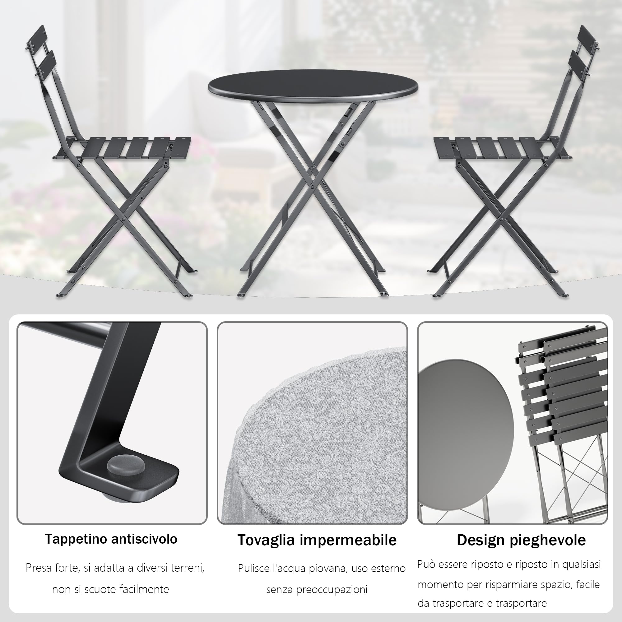 DEWINNER Set tavolo e sedie, pieghevole, set tavolo e sedie da giardino in tre pezzi, 1 tavolo e 2 sedie, con tovaglia impermeabile, set di mobili da balcone